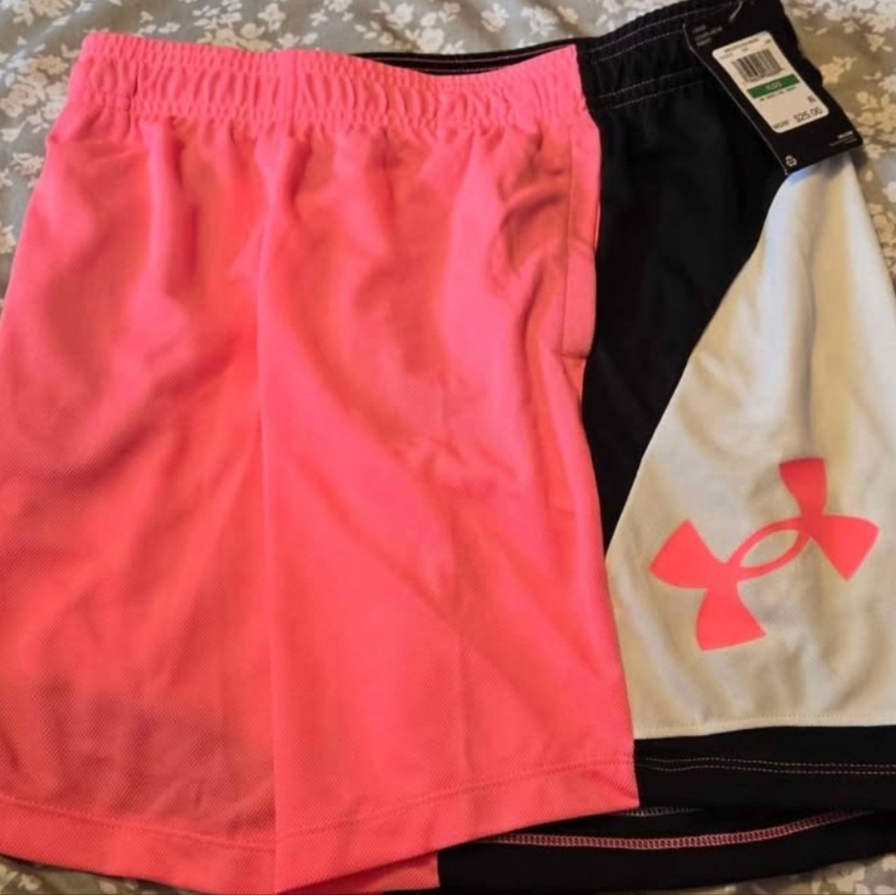 Youth Large Girls Under Armour Neon Pink and Black Basketball Shorts